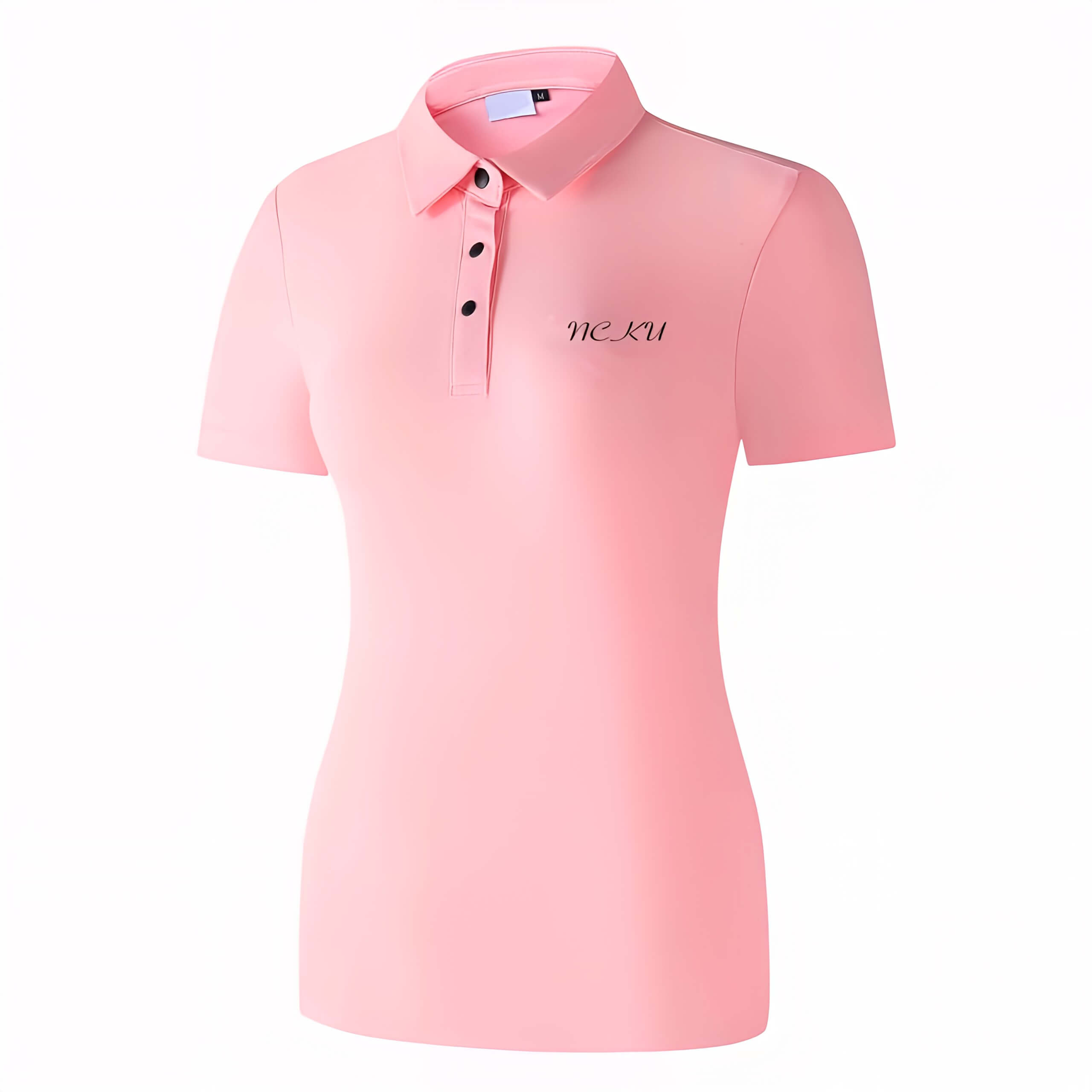 NCKU TORAY涼感快乾短袖Polo-粉 1 Toray Fieldsensor 涼感吸濕排汗粉紅色女款短袖 POLO 衫,修身剪裁與黑色鈕扣設計。左胸印有 NEKU 標誌。