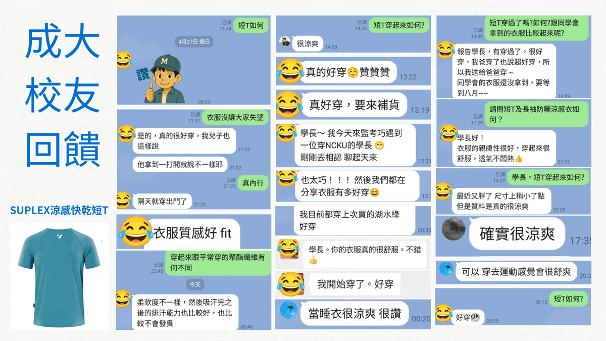 成大校友生活穿搭回饋：SUPPLEX 涼感短 T 與 POLO 衫在戶外活動與校友聚會中表現出色，優異的乾爽性能有效應對台灣潮濕悶熱的氣候。