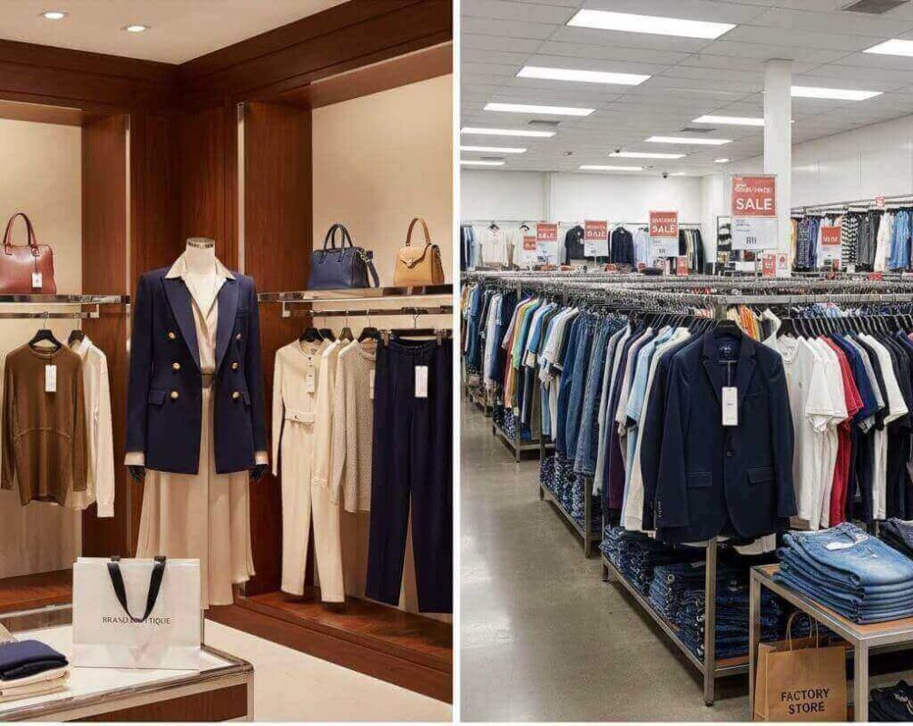 百貨公司(專櫃/精品店)與 Outlet(暢貨中心)的服飾區隔 3 百貨公司精品專櫃與 Outlet 暢貨中心服飾陳列對比,呈現當季精品與過季折扣品或或專供 Outlet銷售商品之區隔。