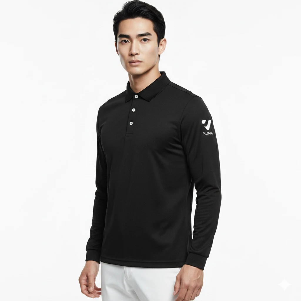 TORAY親膚舒爽長袖Polo-黑 1 黑色長袖 Polo 衫,左手臂電繡黑色 KOMIA及LOGO,布料是日本TORAY FIELDSESOR機能性布料。