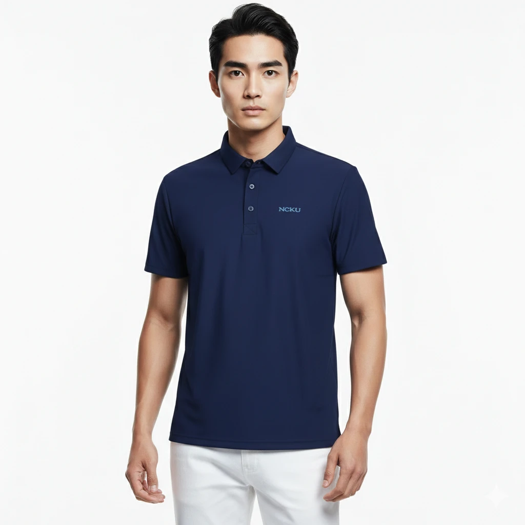 NCKU SUPPLEX 涼感快乾短袖Polo-上青 1 男模特兒穿著上青色短袖 POLO 衫,搭配白色休閒褲。衣服左胸印有紫色「NCKU」標誌,背景為純白色。