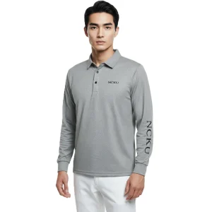 NCKU 灰色長袖 Polo 衫，左胸口電繡黑色 NCKU 字樣，左袖電繡垂直 NCKU 黑色標誌，布料是日本TORAY FIELDSESOR機能性布料。