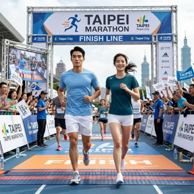 台北馬拉松跑者穿著 Supplex 涼感排汗衫與薄荷纖維機能短T，展現高效散熱性能