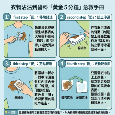 衣服沾到醬料別亂搓！KOMIA 紡織專家公開「黃金5分鐘」急救手冊。 透過「刮、墊、按、換」四字訣，無論是咖啡、醬油或油漬，都能在不傷纖維的前提下快速淡化。內含濕紙巾救急方案，教你避開熱水、摩擦等毀衣地雷。立刻查看專業去漬步驟，拯救心愛衣物！