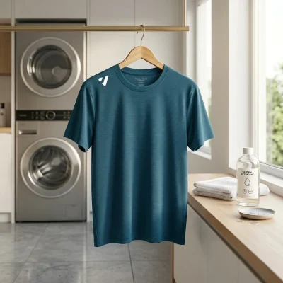 KOMIA 機能衣清洗指南示意圖：一件高級機能短袖排汗衫掛在木質衣架上。窗戶透入自然光暗示通風陰乾，背景有現代洗衣機、中性洗劑瓶和白色細網洗衣袋，強調職人級的溫和洗滌流程。