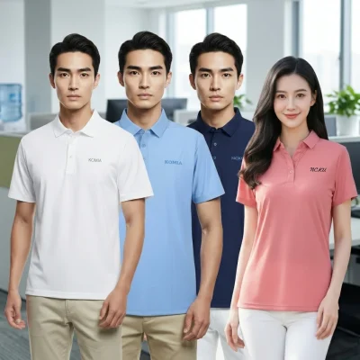 KOMIA 品牌 Polo 衫，NCKU 成大校友紀念 Polo 衫，均採用無口袋減法美學設計，展示男款與女款機能布料平整挺拔的穿搭質感，修飾身形且具年輕感。