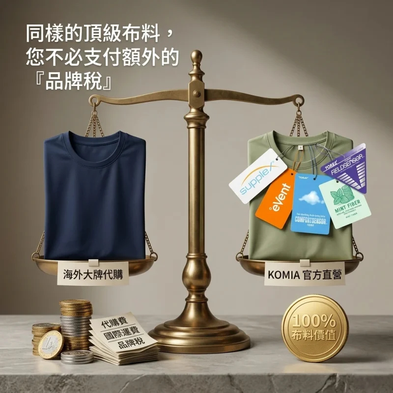 KOMIA 品牌直營與海外代購價值天秤對比圖：同樣使用 eVent、TORAY、SUPPLEX 等頂級機能布料，KOMIA 省下代購費與品牌稅，讓消費者直達直接享有100% 布料價值。