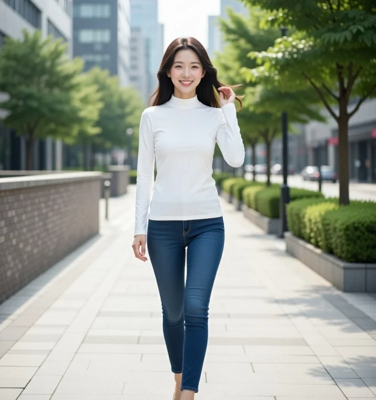 KOMIA MODEL展示白色小立領保暖內搭衣，搭配合身牛仔褲，呈現冬季簡約機能穿搭。
