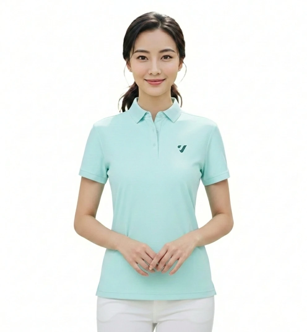 SUPPLEX 涼感快乾短袖Polo-淺綠 1 KOMIA品牌 Supplex 系列女款短袖 POLO 衫(蒂芬妮藍),左胸口有KOMIA 專屬商標LOGO 圖樣