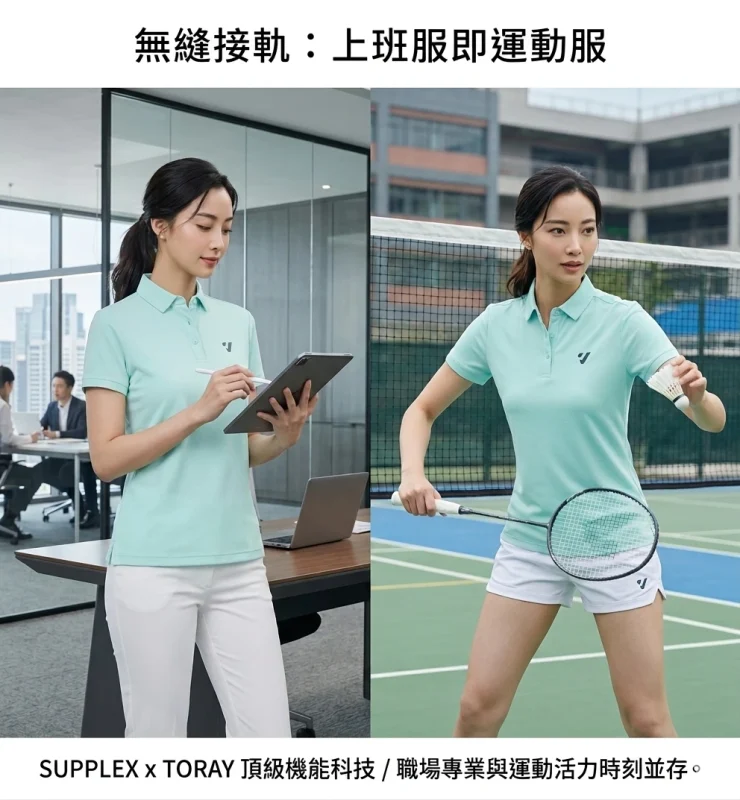 同款機能服的跨場域對比圖：左側模特兒在現代辦公室使用平板電腦，右側則身穿同款POLO，穿著白色運動短褲在羽球場揮拍，展現 SUPPLEX 與 TORAY 等高端布料的極簡主張。